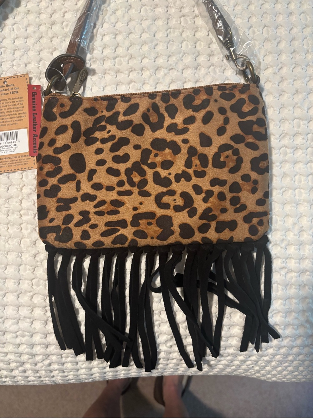 Justin Boots Leopard Print Crossbody with Black Fringe